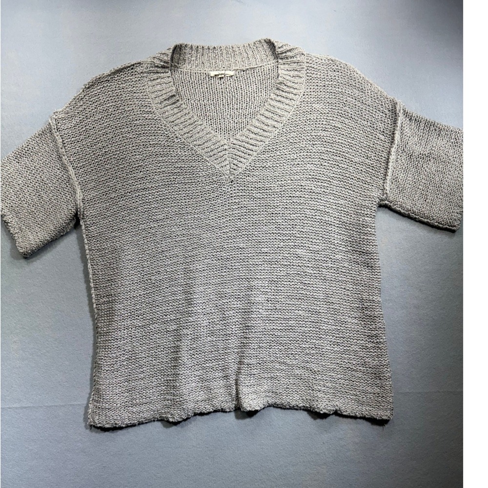 Easel Los Angeles Womens Grey Chunky Knit V-Neck Short Sleeve Sweater Top Large